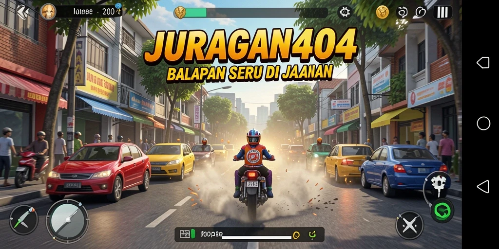 Screenshot gameplay seru dari JURAGAN404 dengan aksi balapan mendebarkan.
