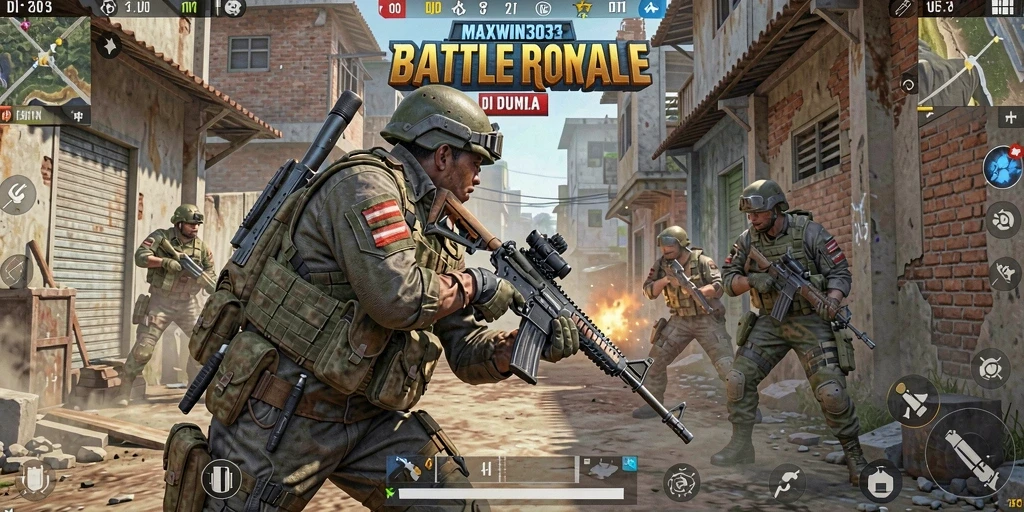 Menampilkan gameplay intens dari MAXWIN303 di medan tempur Battle Royale.