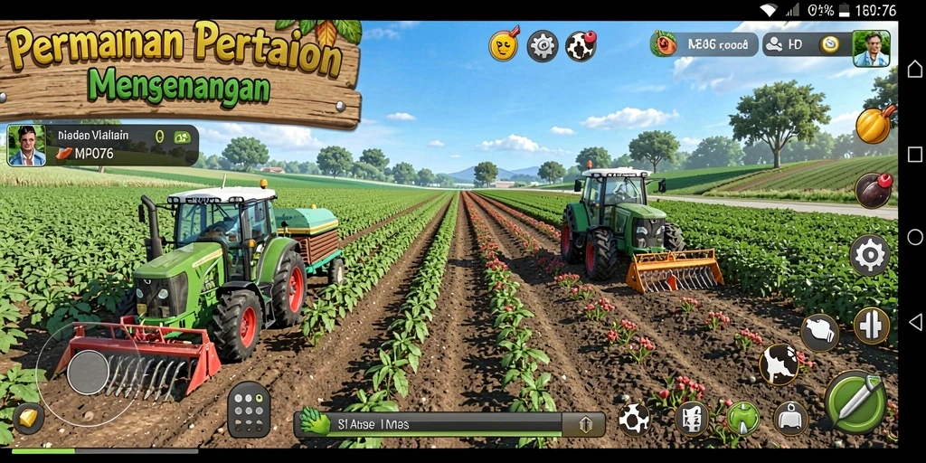 Tampilan gameplay MPO76 yang menampilkan ladang pertanian yang subur.