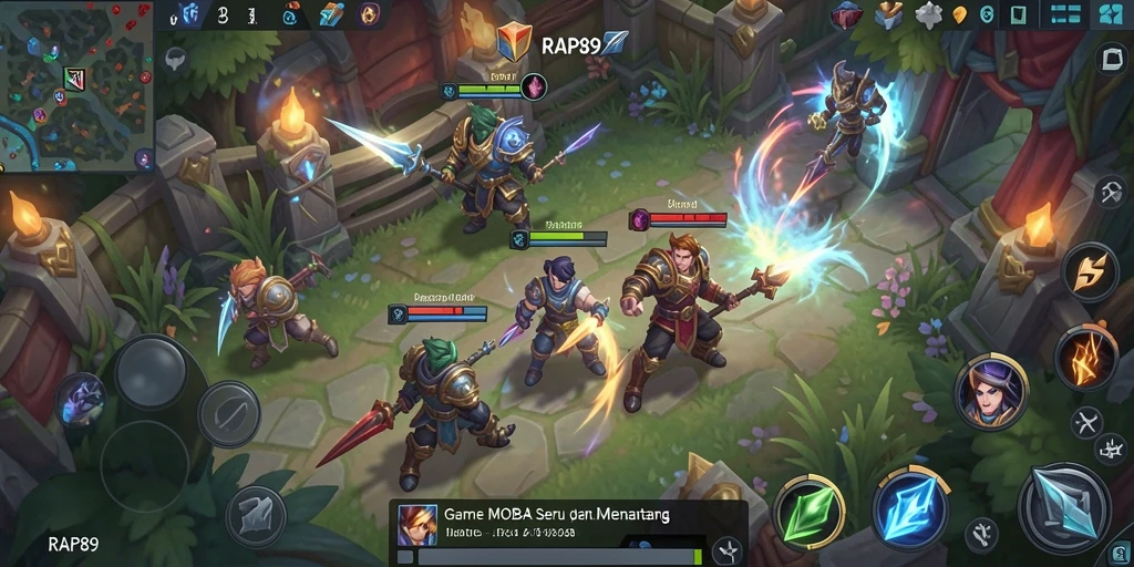 Screenshot menunjukkan pertempuran seru dalam game MOBA.