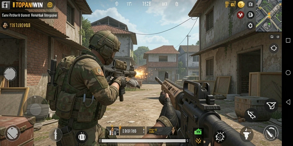 Screenshot utama menampilkan aksi seru di battlefield FPS.
