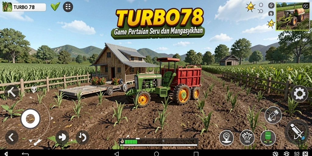 Tampilan gameplay TURBO78 yang seru dengan ladang dan tanaman berwarna-warni.