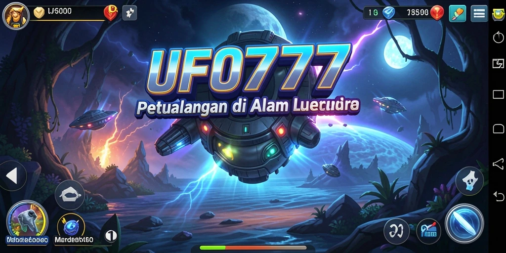 Tangkapan layar utama UFO777 menampilkan eksplorasi planet yang menakjubkan.