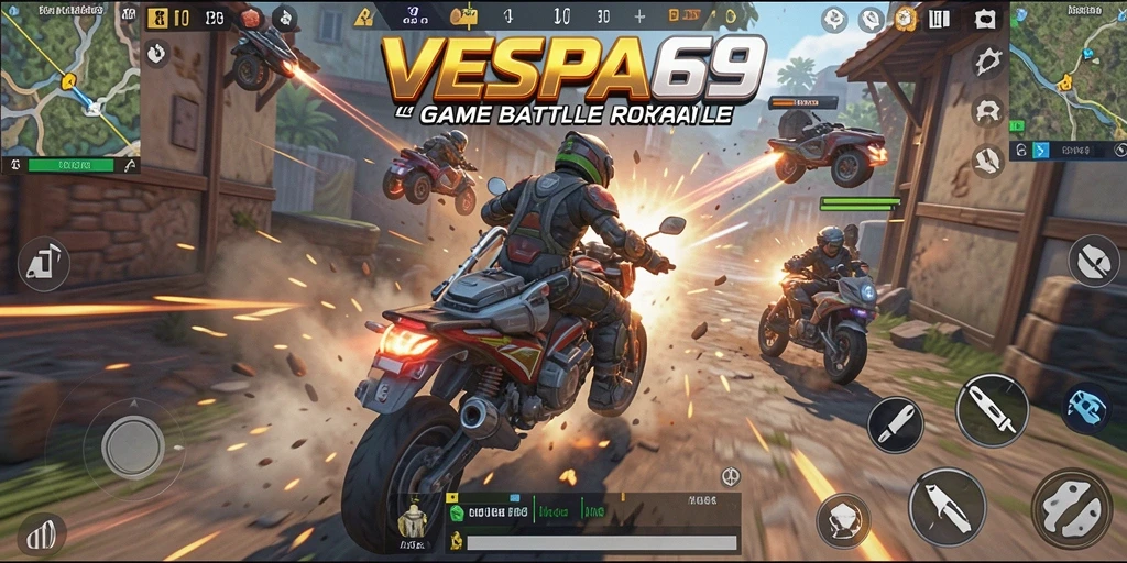 Screenshot utama VESPA69 menampilkan pemain bertarung di tengah arena Battle Royale.